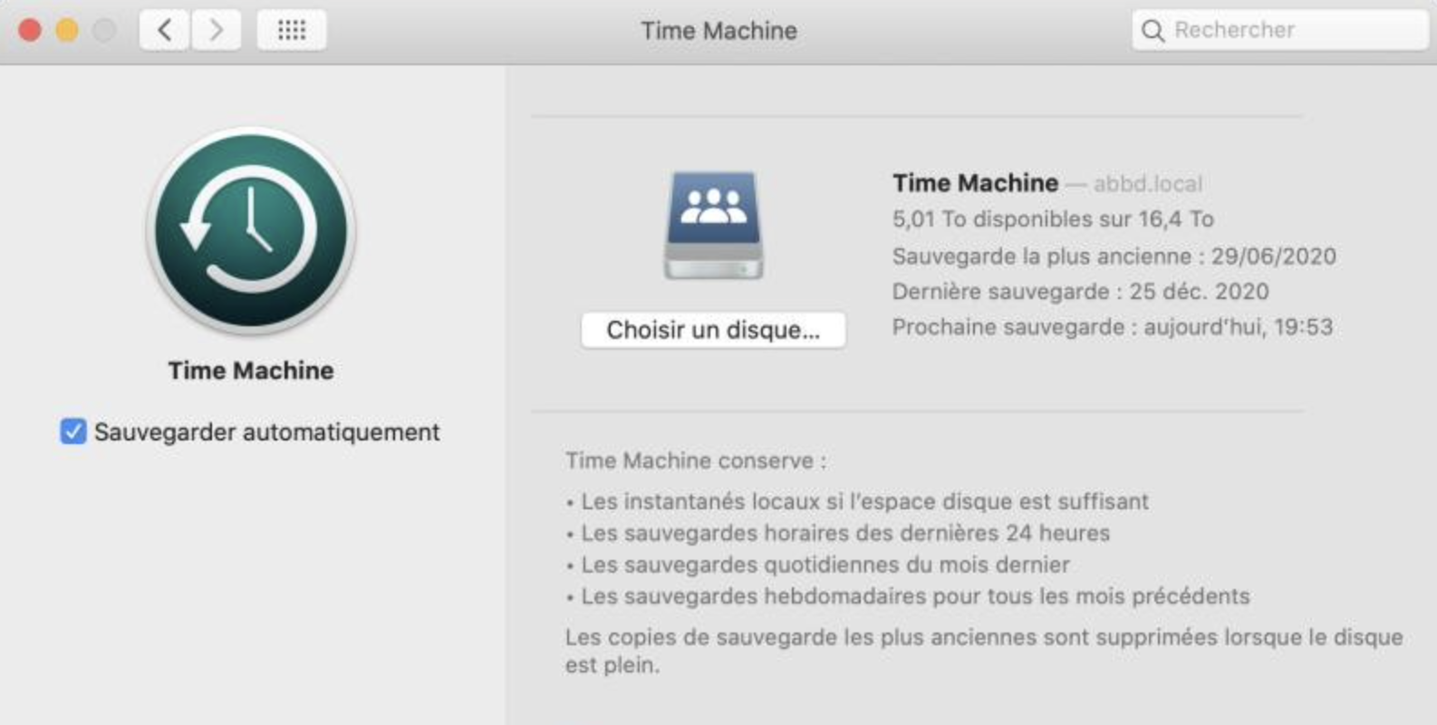 Fenêtre de sauvegarde Time Machine