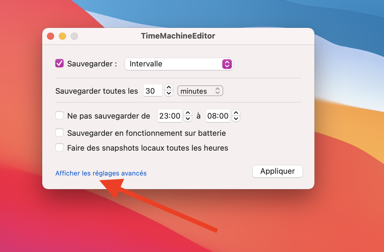 Options de sauvegarde Time Machine