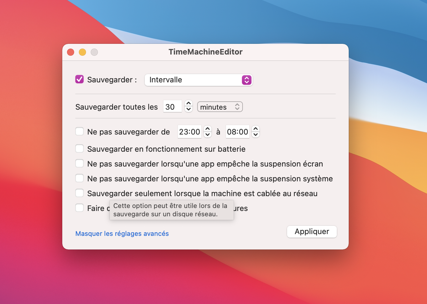 Réglages avancés Time Machine