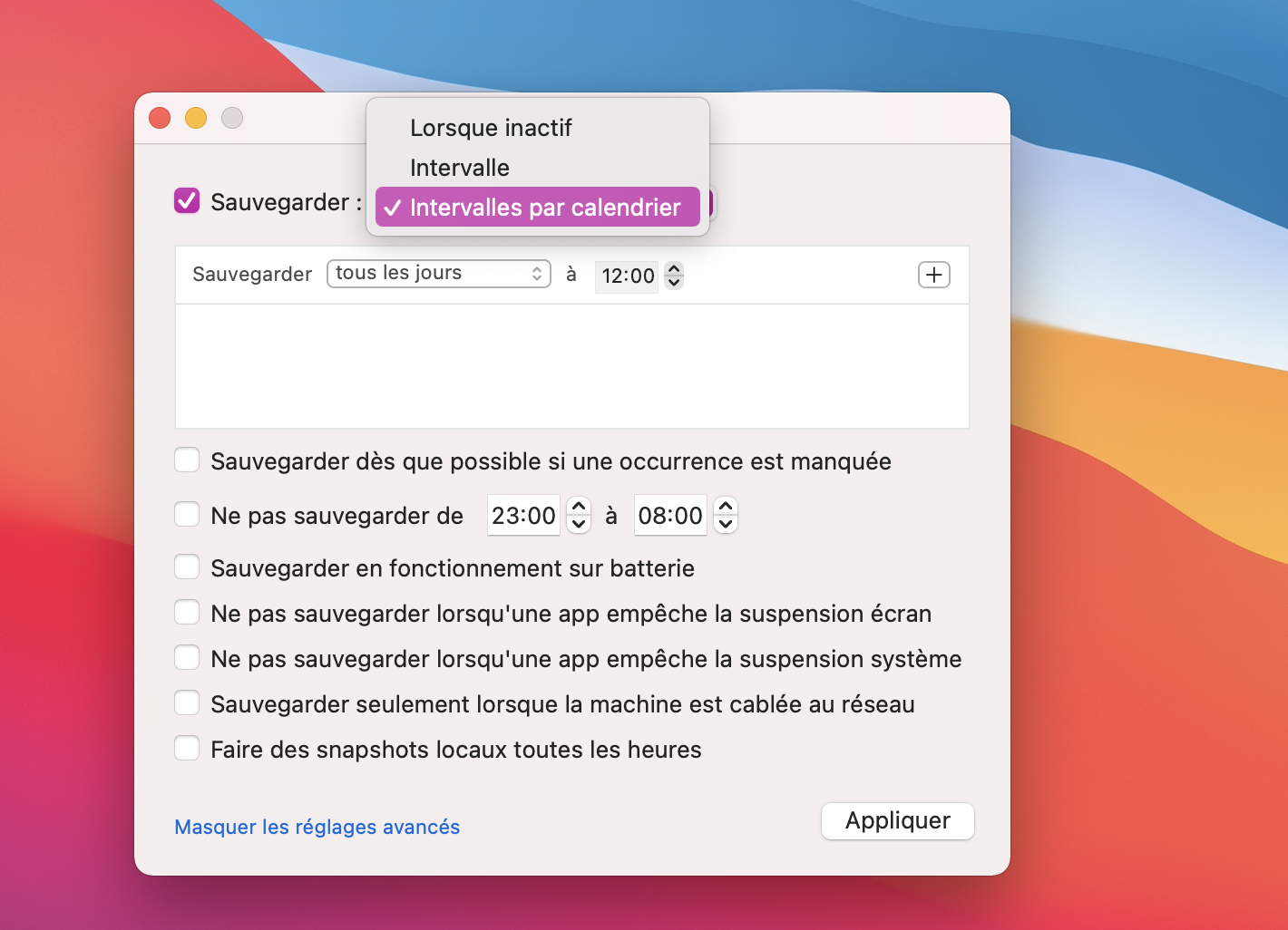 Choix d’intervalles (exemple) pour Time Machine
