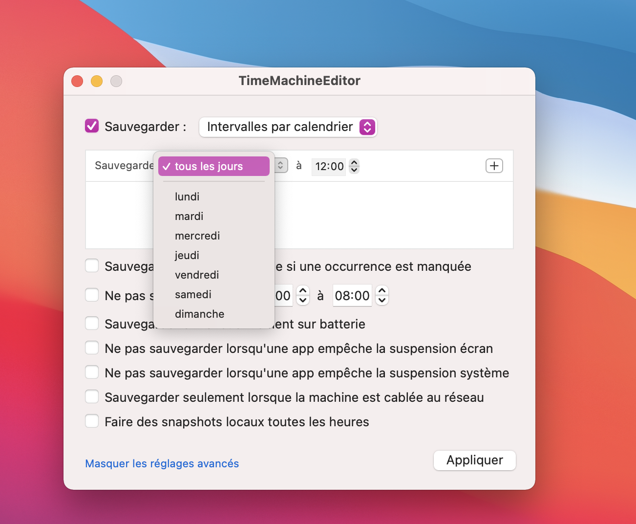 Choix des jours de sauvegarde (exemple)