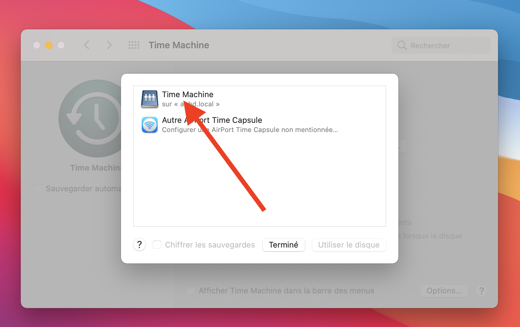 Étape : options/stockage Time Machine