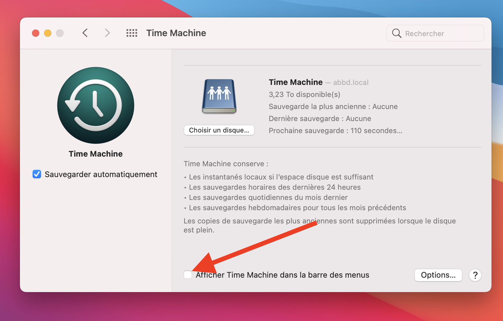 Étape : activer le raccourci Time Machine (barre des menus)