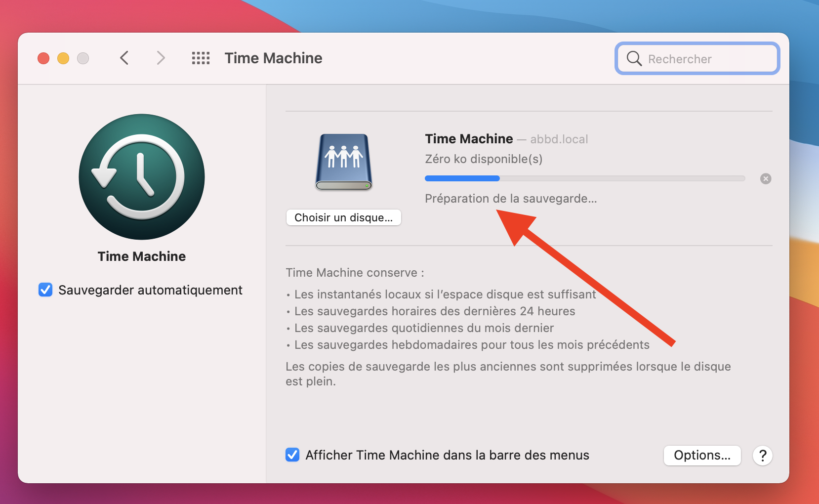 Préparation de la sauvegarde Time Machine